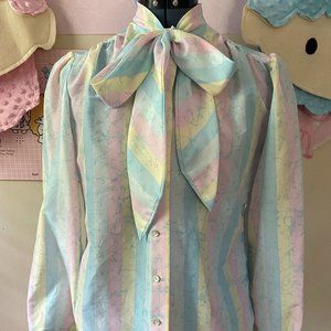 Vintage Pastel Pussy-Bow Blouse M-L